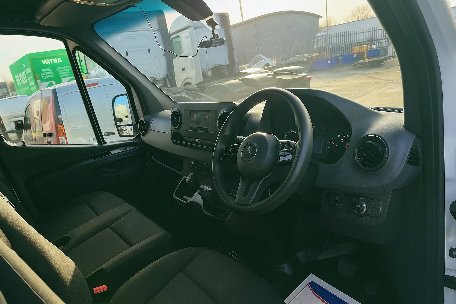 Clean commercial vehicle cab interior with dashboard and seats visible